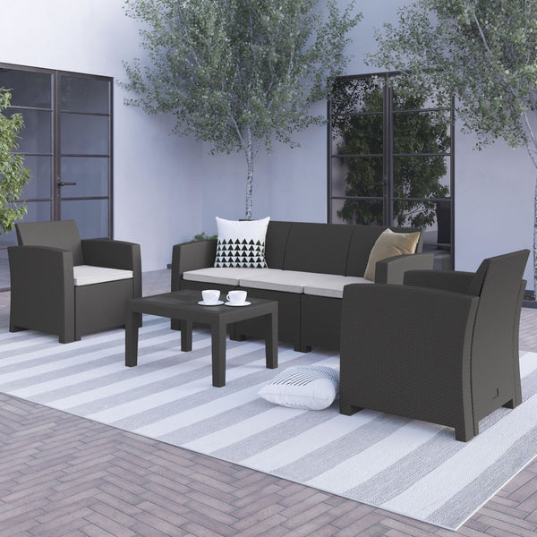 English Elm Seneca 4 Piece Outdoor Seating Set with Faux Rattan Chairs, Sofa & Table - Modern Comfort & Style DAD-SF-113T-DKGY-GG