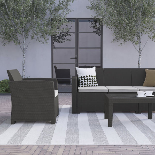 English Elm Seneca 4 Piece Outdoor Seating Set with Faux Rattan Chairs, Sofa & Table - Modern Comfort & Style DAD-SF-113T-DKGY-GG