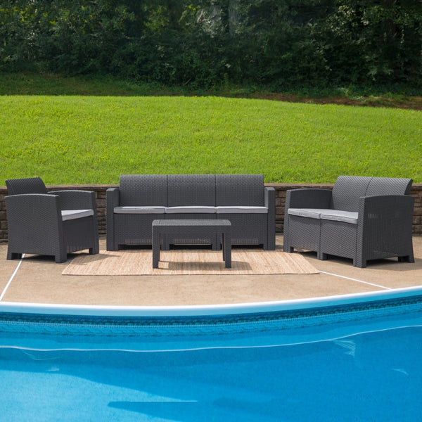 English Elm Seneca 4-Piece Outdoor Furniture Set with Loveseat, Sofa, Chair & Coffee Table - Dark Gray Elegance DAD-SF-123T-DKGY-GG