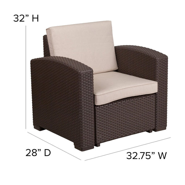 English Elm Seneca Chocolate Brown Faux Rattan Chair with Beige Cushion - Cozy Outdoor Comfort & Style! DAD-SF1-1-GG