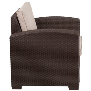 English Elm Seneca Chocolate Brown Faux Rattan Chair with Beige Cushion - Cozy Outdoor Comfort & Style! DAD-SF1-1-GG