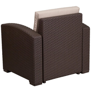 English Elm Seneca Chocolate Brown Faux Rattan Chair with Beige Cushion - Cozy Outdoor Comfort & Style! DAD-SF1-1-GG