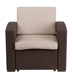 English Elm Seneca Chocolate Brown Faux Rattan Chair with Beige Cushion - Cozy Outdoor Comfort & Style! DAD-SF1-1-GG
