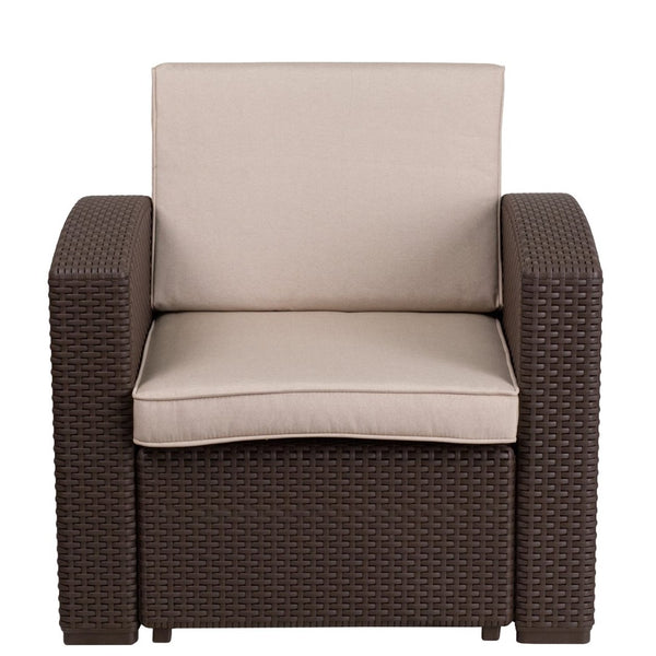 English Elm Seneca Chocolate Brown Faux Rattan Chair with Beige Cushion - Cozy Outdoor Comfort & Style! DAD-SF1-1-GG