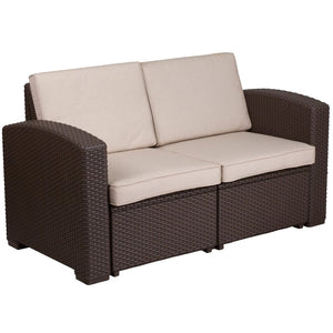 English Elm Seneca Chocolate Brown Faux Rattan Loveseat - Cozy All-Weather Seating with Stylish Beige Cushions DAD-SF1-2-GG