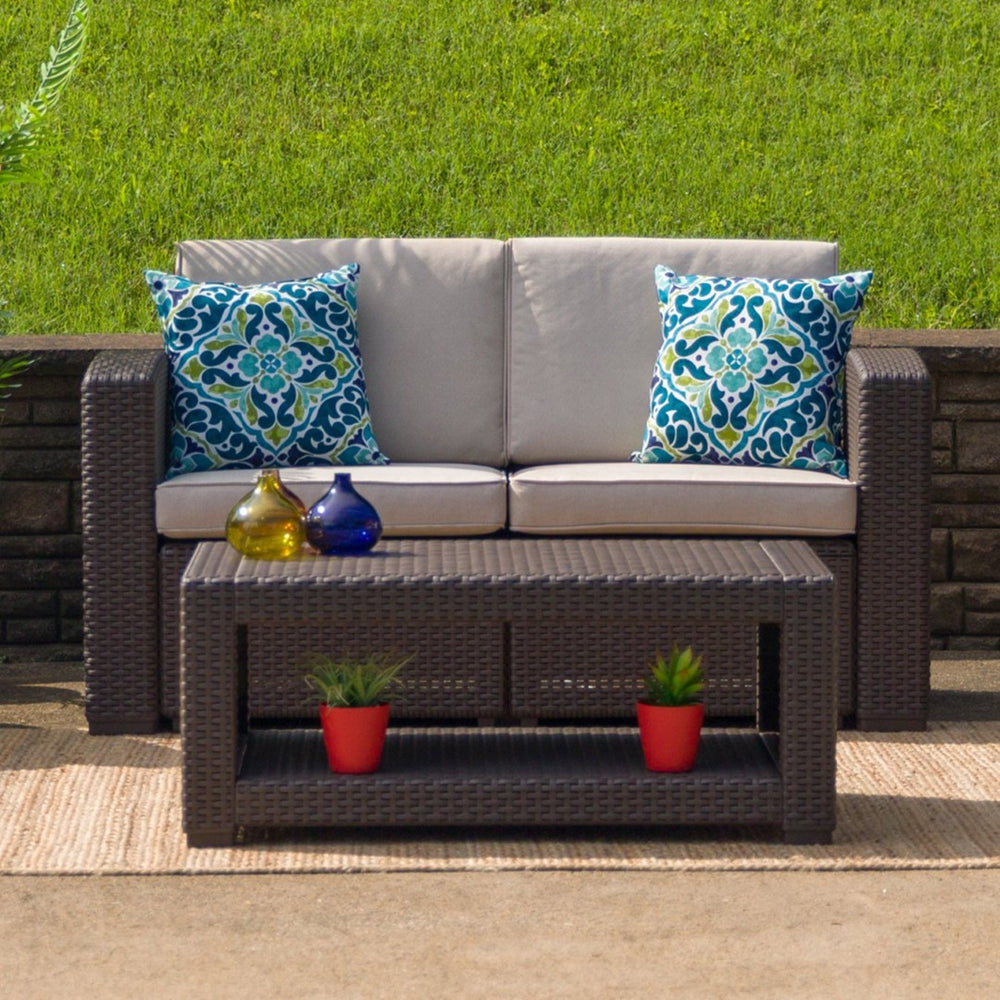 English Elm Seneca Chocolate Brown Faux Rattan Loveseat - Cozy All-Weather Seating with Stylish Beige Cushions DAD-SF1-2-GG