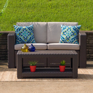 English Elm Seneca Chocolate Brown Faux Rattan Loveseat - Cozy All-Weather Seating with Stylish Beige Cushions DAD-SF1-2-GG