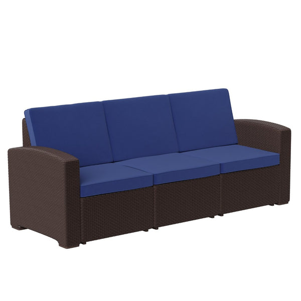 English Elm Seneca Faux Rattan Outdoor Sofa with All-Weather Cushions for Luxurious and Durable Comfort Navy Cushions/Chocolate Brown Frame DAD-SF1-3-BNNV-GG