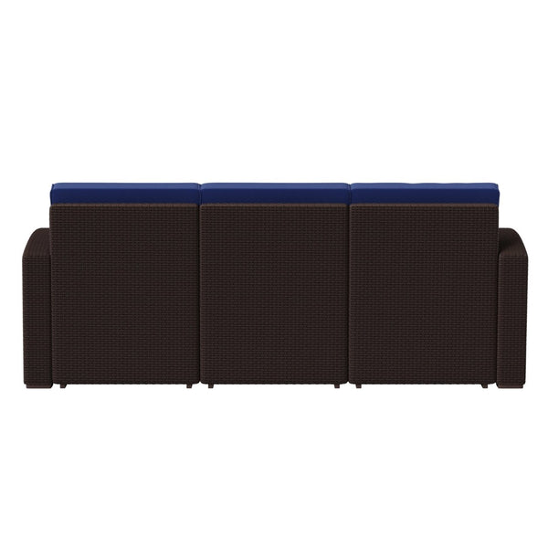 English Elm Seneca Faux Rattan Outdoor Sofa with All-Weather Cushions for Luxurious and Durable Comfort Navy Cushions/Chocolate Brown Frame DAD-SF1-3-BNNV-GG