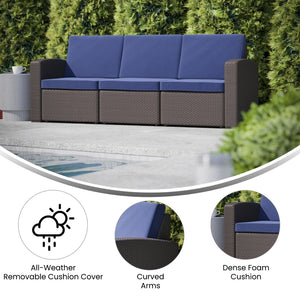 English Elm Seneca Faux Rattan Outdoor Sofa with All-Weather Cushions for Luxurious and Durable Comfort Navy Cushions/Chocolate Brown Frame DAD-SF1-3-BNNV-GG