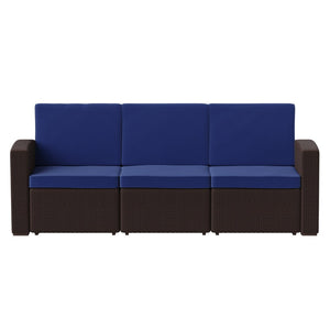 English Elm Seneca Faux Rattan Outdoor Sofa with All-Weather Cushions for Luxurious and Durable Comfort Navy Cushions/Chocolate Brown Frame DAD-SF1-3-BNNV-GG