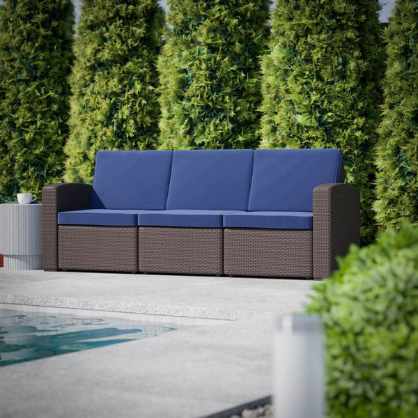 English Elm Seneca Faux Rattan Outdoor Sofa with All-Weather Cushions for Luxurious and Durable Comfort Navy Cushions/Chocolate Brown Frame DAD-SF1-3-BNNV-GG