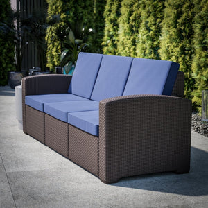 English Elm Seneca Faux Rattan Outdoor Sofa with All-Weather Cushions for Luxurious and Durable Comfort Navy Cushions/Chocolate Brown Frame DAD-SF1-3-BNNV-GG
