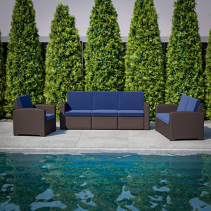 English Elm Seneca Faux Rattan Outdoor Sofa with All-Weather Cushions for Luxurious and Durable Comfort Navy Cushions/Chocolate Brown Frame DAD-SF1-3-BNNV-GG