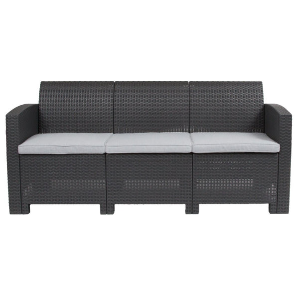 English Elm Seneca Dark Gray Faux Rattan Sofa with Light Gray Cushions - Stylish, Durable, All-Weather Comfort DAD-SF2-3-DKGY-GG