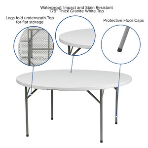 English Elm Elon 5-Foot Round Folding Table - Durable Granite White Top, Ideal for Events, Easy Storage & Cleanup DAD-YCZ-1-GW-GG