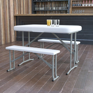 English Elm Rowan 3-Piece Portable Folding Bench and Table Set - Durable, Lightweight, Ideal for Events & Outdoor Use DAD-YCZ-103-GG