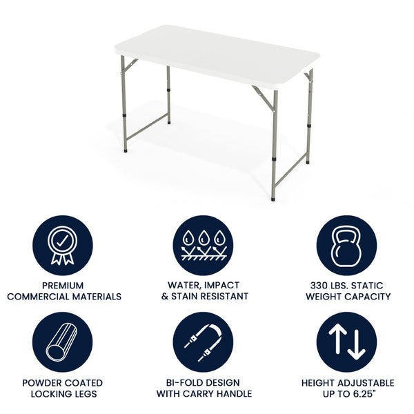 English Elm Elon 4-Foot Height Adjustable Folding Table - Durable, Portable, and Ideal for Events & Home Use DAD-YCZ-122Z-2-GG