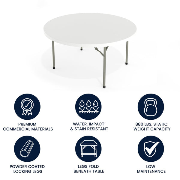 English Elm Elon 5-Foot Round Granite White Folding Table – Heavy-Duty, Waterproof, Perfect for Any Event! DAD-YCZ-152R-GW-GG
