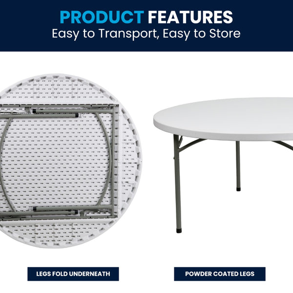 English Elm Elon 5-Foot Round Granite White Folding Table – Heavy-Duty, Waterproof, Perfect for Any Event! DAD-YCZ-152R-GW-GG