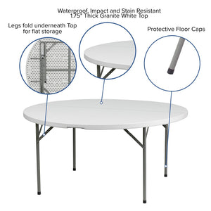 English Elm Elon 5-Foot Round Folding Table – Durable Granite White Design for Events, Parties & Everyday Use DAD-YCZ-154-GW-GG