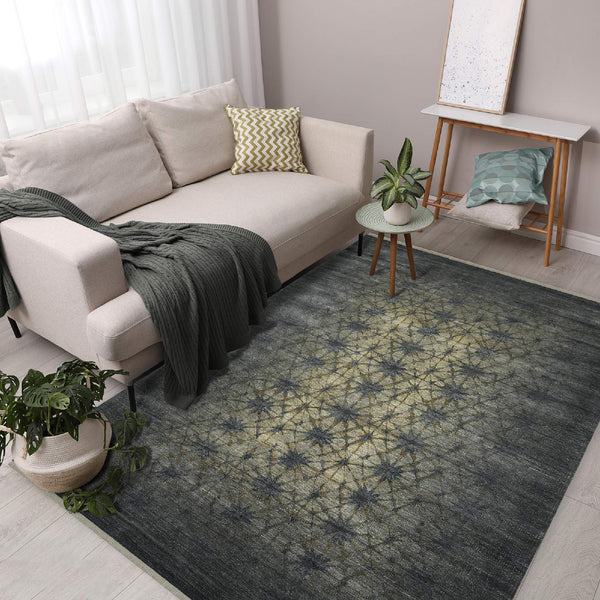 Dazzle Hand-knotted Wool Silk Area Rug Abstract Graphite Accent for Living Room