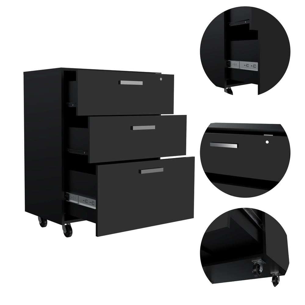 English Elm Three Drawer Base Cabinet with Locking Casters, Full-Extension Rails, Black Particleboard Top Storage B20092085