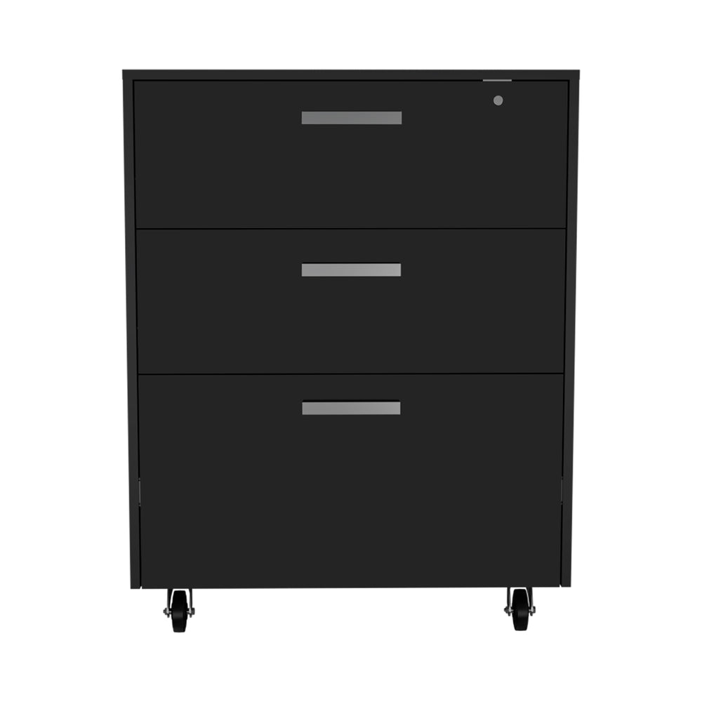 English Elm Three Drawer Base Cabinet with Locking Casters, Full-Extension Rails, Black Particleboard Top Storage B20092085