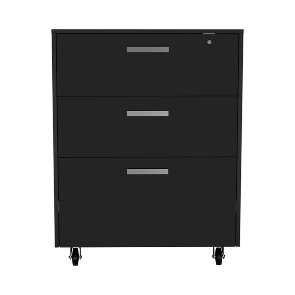 English Elm Three Drawer Base Cabinet with Locking Casters, Full-Extension Rails, Black Particleboard Top Storage B20092085