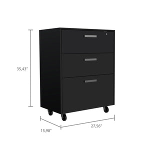 English Elm Three Drawer Base Cabinet with Locking Casters, Full-Extension Rails, Black Particleboard Top Storage B20092085