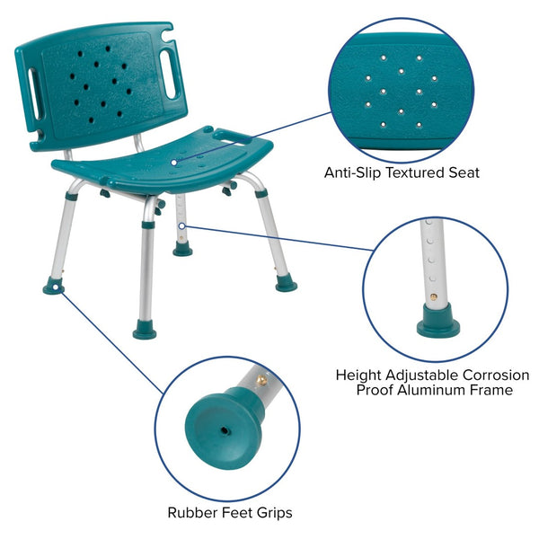 English Elm HERCULES Tool-Free Adjustable Bath & Shower Chair, 300 lb Capacity, Medical-Grade Comfort & Safety Teal DC-HY3501L-TL-GG