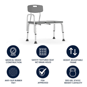 English Elm HERCULES Adjustable Bath & Shower Transfer Bench for Safe, Comfortable Mobility with 300 lbs Capacity Gray DC-HY3510L-GRY-GG