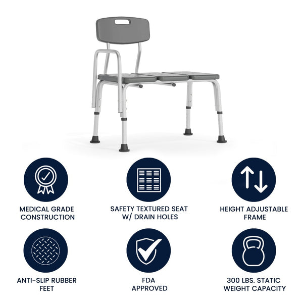 English Elm HERCULES Adjustable Bath & Shower Transfer Bench for Safe, Comfortable Mobility with 300 lbs Capacity Gray DC-HY3510L-GRY-GG