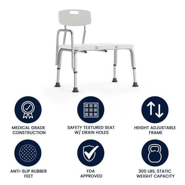 English Elm HERCULES Adjustable Bath & Shower Transfer Bench for Safe, Comfortable Mobility with 300 lbs Capacity White DC-HY3510L-WH-GG