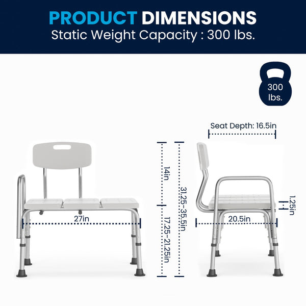 English Elm HERCULES Adjustable Bath & Shower Transfer Bench for Safe, Comfortable Mobility with 300 lbs Capacity White DC-HY3510L-WH-GG