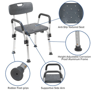 English Elm HERCULES Adjustable Bath & Shower Chair for Safety, Stability, and Custom Comfort Up to 300 lbs Gray DC-HY3520L-GRY-GG