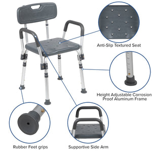 English Elm HERCULES 300 Lb. Capacity Adjustable Bath & Shower Chair with Quick-Release Back & Arms for Safety Gray DC-HY3523L-GRY-GG
