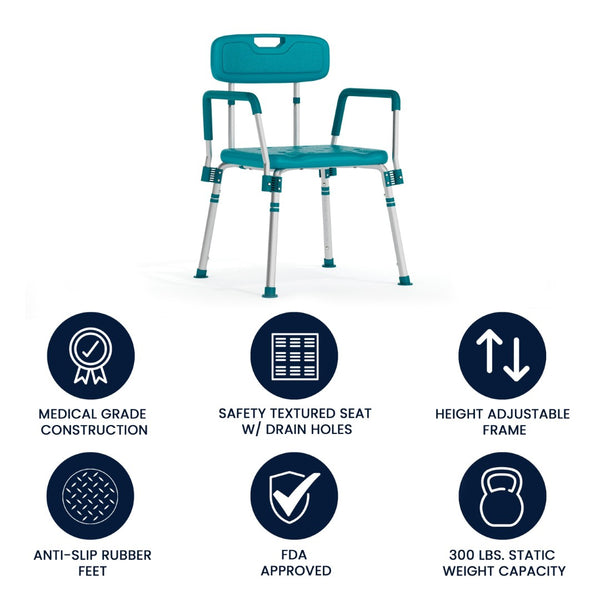 English Elm HERCULES 300 Lb. Capacity Adjustable Bath & Shower Chair with Quick-Release Back & Arms for Safety Teal DC-HY3523L-TL-GG