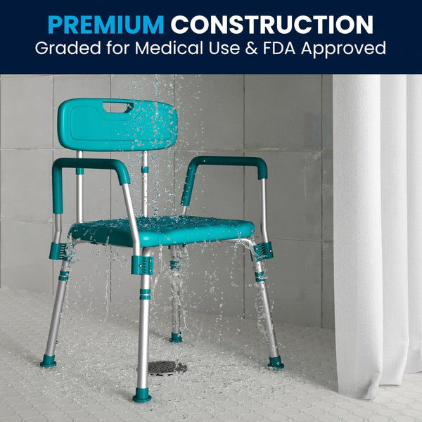 English Elm HERCULES 300 Lb. Capacity Adjustable Bath & Shower Chair with Quick-Release Back & Arms for Safety Teal DC-HY3523L-TL-GG