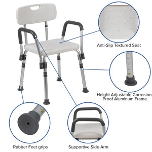 English Elm HERCULES 300 Lb. Capacity Adjustable Bath & Shower Chair with Quick-Release Back & Arms for Safety White DC-HY3523L-WH-GG
