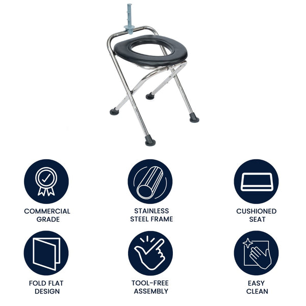 English Elm HERCULES Portable Folding Travel Toilet with Tissue Holder - Comfortable, Compact, Easy Setup! DC-HY6118S-SLVBLK-GG