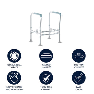 English Elm HERCULES Adjustable Toilet Safety Rail - Durable Silver Frame, Padded Grips & Stabilizing Suction Feet DC-HY6462-SLVGRY-GG