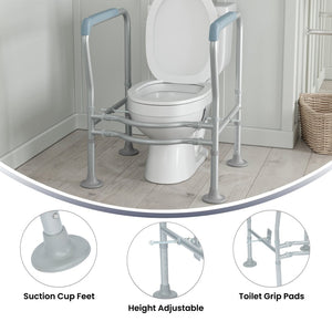 English Elm HERCULES Adjustable Toilet Safety Rail - Durable Silver Frame, Padded Grips & Stabilizing Suction Feet DC-HY6462-SLVGRY-GG