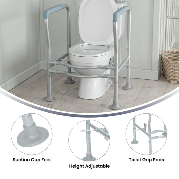English Elm HERCULES Adjustable Toilet Safety Rail - Durable Silver Frame, Padded Grips & Stabilizing Suction Feet DC-HY6462-SLVGRY-GG