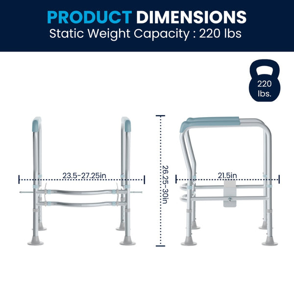 English Elm HERCULES Adjustable Toilet Safety Rail - Durable Silver Frame, Padded Grips & Stabilizing Suction Feet DC-HY6462-SLVGRY-GG