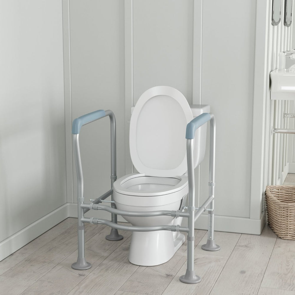 English Elm HERCULES Adjustable Toilet Safety Rail - Durable Silver Frame, Padded Grips & Stabilizing Suction Feet DC-HY6462-SLVGRY-GG