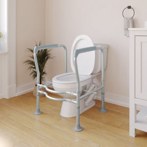 English Elm HERCULES Adjustable Toilet Safety Rail - Durable Silver Frame, Padded Grips & Stabilizing Suction Feet DC-HY6462-SLVGRY-GG