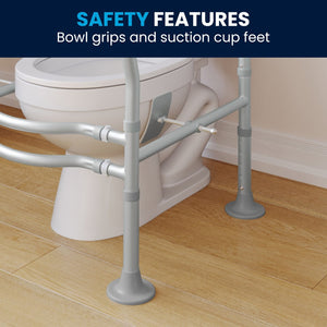 English Elm HERCULES Adjustable Toilet Safety Rail - Durable Silver Frame, Padded Grips & Stabilizing Suction Feet DC-HY6462-SLVGRY-GG