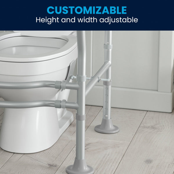 English Elm HERCULES Adjustable Toilet Safety Rail - Durable Silver Frame, Padded Grips & Stabilizing Suction Feet DC-HY6462-SLVGRY-GG