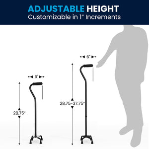 English Elm HERCULES Adjustable Quad Cane for Stability, Comfort Grip Handle, 4-Prong Base, Ambidextrous Use DC-HY7401L-BLK-GG